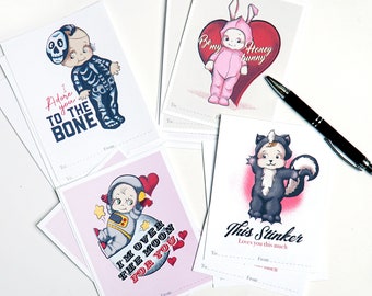 Kewpie doll, Valentines Day Card, 4 designs, Set of 16, Vintage inspired, moon, skunk, bunny, skeleton