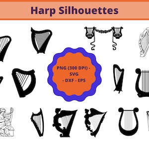 Könnte beinhalten: Ein Satz von 12 schwarzen Harfen-Silhouetten in verschiedenen Stilen, darunter eine traditionelle Harfe, eine Leier und eine keltische Harfe. Die Silhouetten sind perfekt für Bastel-, Scrapbooking- oder digitale Designprojekte. PNG (300 DPI) - SVG - DXF - EPS