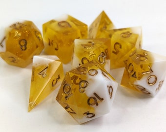 Milk and Mystic Honey: Dice set, DnD dice, polyhedral dice, sharp edge dice, ttrpg dice, artisan dice