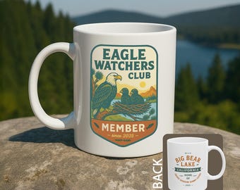Big Bear Eagle Watchers Club Mug - Jackie Shadow Sunny Gizmo Bald Eagle Fan, Vintage Design, Gift for Nature Lover, Bird Watcher Coffee Cup