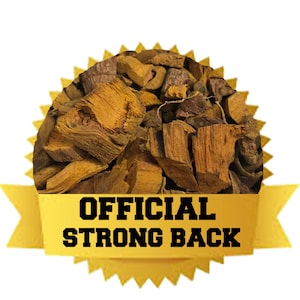 May include: A close-up of a pile of dried, brown bark pieces. The bark is arranged in a circle with a yellow starburst design behind it. The text "OFFICIAL STRONG BACK" is printed on a yellow ribbon in front of the bark.