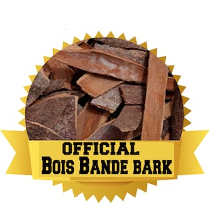 May include: Close-up of a pile of brown Bois Bande bark, a type of bark used in incense and aromatherapy. The bark is arranged in a circle with a gold starburst design and the text "OFFICIAL BOIS BANDE BARK" on a gold ribbon.