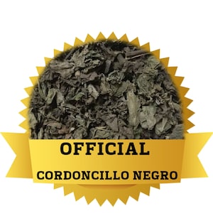 May include: A gold starburst seal with the text "OFFICIAL" and "CORDONCILLO NEGRO" in black lettering. The seal is filled with dried, dark green herbs.