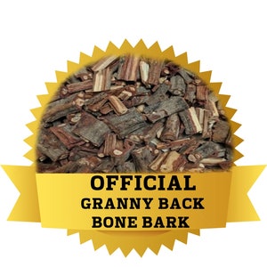 May include: A close-up of a pile of brown and tan bone bark pieces. The bark pieces are inside a yellow sunburst shape with a gold ribbon that reads "OFFICIAL GRANNY BACK BONE BARK" in bold, black letters.