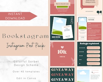 Bookstagram Post Pack | Colorful Sorbet | Instagram Templates for Canva | Bookish Content Templates for IG Stories | Social Media Post DIY