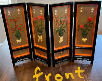 Vintage Table Screen 4 Panel Decorative Folding Screen Hand-Painted Hand-Carved Stone Taiwan Republic of China 3D Shadow Box Panels