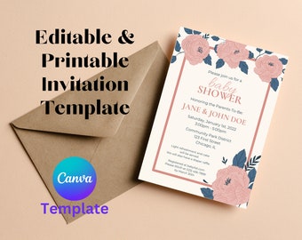 Editable Baby Shower Invitation, 5x7in Printable Canva Template, Blue & Pink Flower Invitation