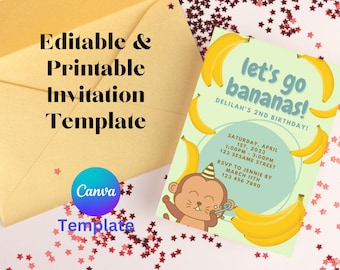 Editable Banana Birthday Party Invitation, 5x7in Printable Canva Template, Go Bananas Invitation