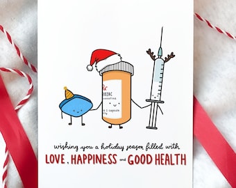 Wishing Love Happiness and Health | Funny Medical Xmas Card, Christmas Card, Perfect for Pharmacy, Doctor, Nurse, Punny Medical Holiday Card