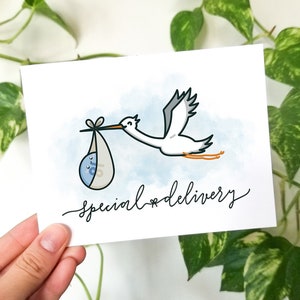 Livraison spéciale | Carte de voeux de baby shower, bébé mignon, aspirine et cigogne, parfaite pour pharmacie, médecin, infirmière, soins de santé, carte d'humour médical