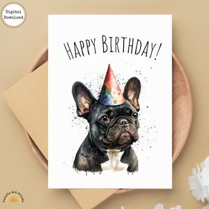 Cartão de aniversário do Bulldog Francês, para impressão, cartão de aniversário fofo, envelope para impressão, cartão de aniversário para impressão, cartão para mãe, cartão para amante de cães