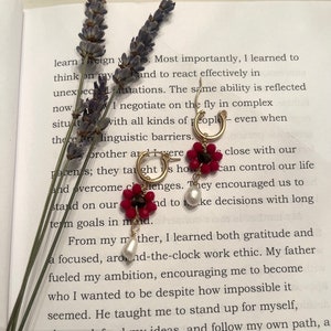 Flower Hoop Earrings, Dangle Floral Earrings, Freshwater Pearl Earrings, 14K Gold Filled Hoop Earrings, Red Flower Drop Earrings