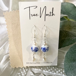Dainty Blue Porcelain Earrings,  Floral Drop Earrings, Vintage Inspired Earrings, Tensha Style Earrings, Elegant Blue Rose Dangle Earrings