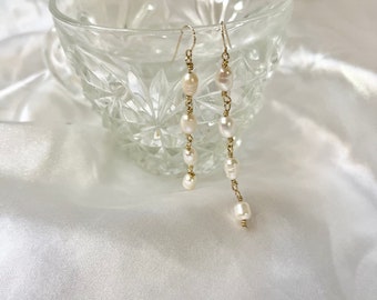 Four Tier Dangle Earrings, 14K Gold Filled Baroque Earrings, Long Pearl Drop Earrings, Pearl Wire Wrapped Jewelry, Pearl Bridal Earrings