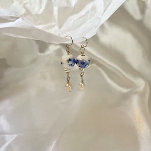 Dainty Blue Porcelain Earrings,  Floral Drop Earrings, Vintage Inspired Earrings, Tensha Style Earrings, Elegant Blue Flower Dangle Earrings