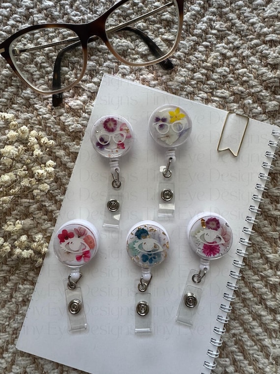 Floral badge reel ID holder cover optometry hospital resident ophthalmology eyes resin motivational inspirational Gift ideas optometry tech