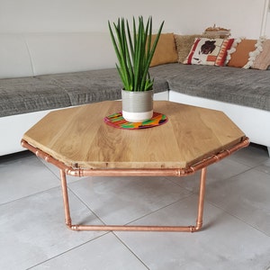 OCTO - Octagonal coffee table oak top on copper structure