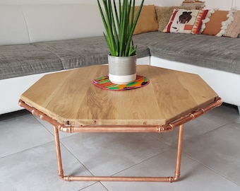 OCTO - Octagonal coffee table oak top on copper structure