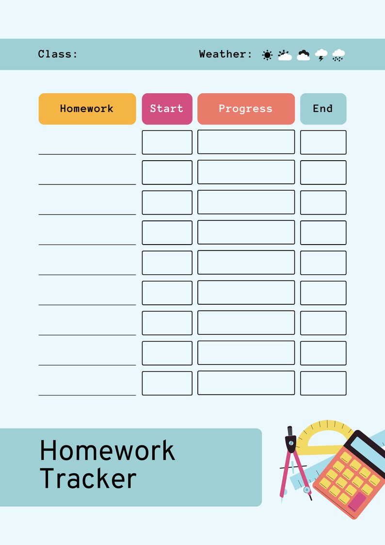 Blue Black Illustration Homework Tracker - Etsy