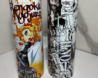 Amine Manga Rengoku inspired 20oz Insulated tumbler sport top water bottle Bluetooth speaker, Hot & Cold - Lid + Straw kids Slayer