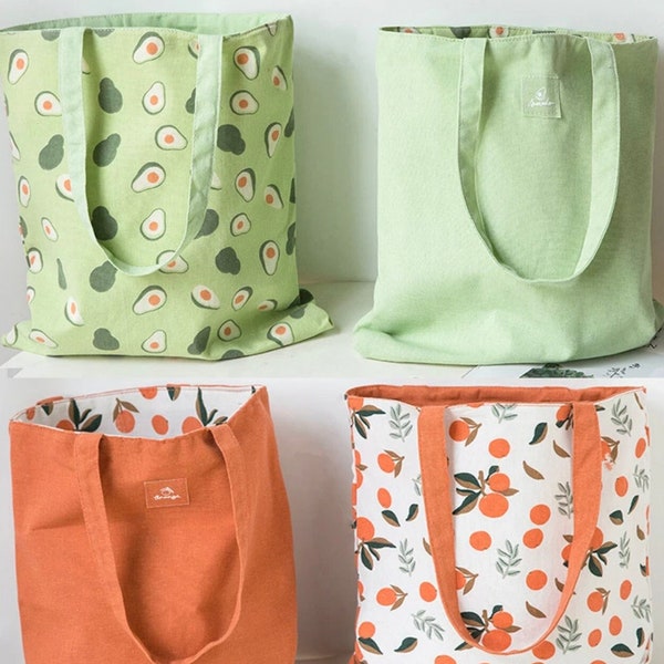 Reversible Fruit Tote Bags | Avocado | Orange | Lemon | Peach | Double-Sided | Cute | Shopping | Grocery | Reusable | Gift | Girls | Print |