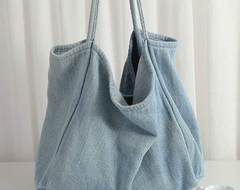 Denim Hobo Bag | Boho Hippie | Blue | Reusable | Girls Women | Shoulder Bag | Back to School | Computer | For Her | Minimalist | Large |