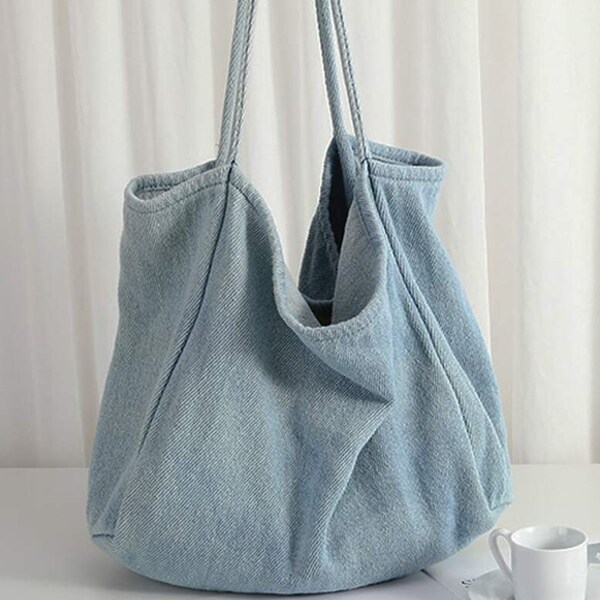 Sac hobo en jean | Hippie bohème | Bleu | Réutilisable | Filles Femmes | Sac à bandoulière | Retour à l'école | Ordinateur | Pour elle | Minimaliste | Grand |