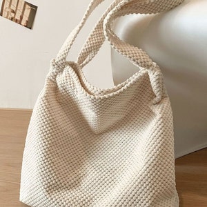 Crochet Shoulder Bag | Tote Bag | Beige Black | Gift Present | Back to School | Women | Textured | Simple | Basic | Plain | Soft | Corduroy