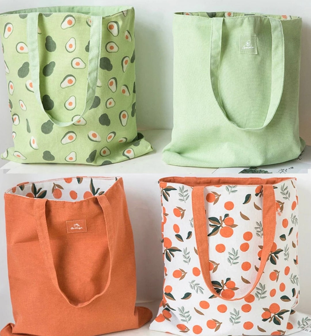 Reversible Fruit Tote Bags Avocado Orange Lemon Peach Doublesided Cute