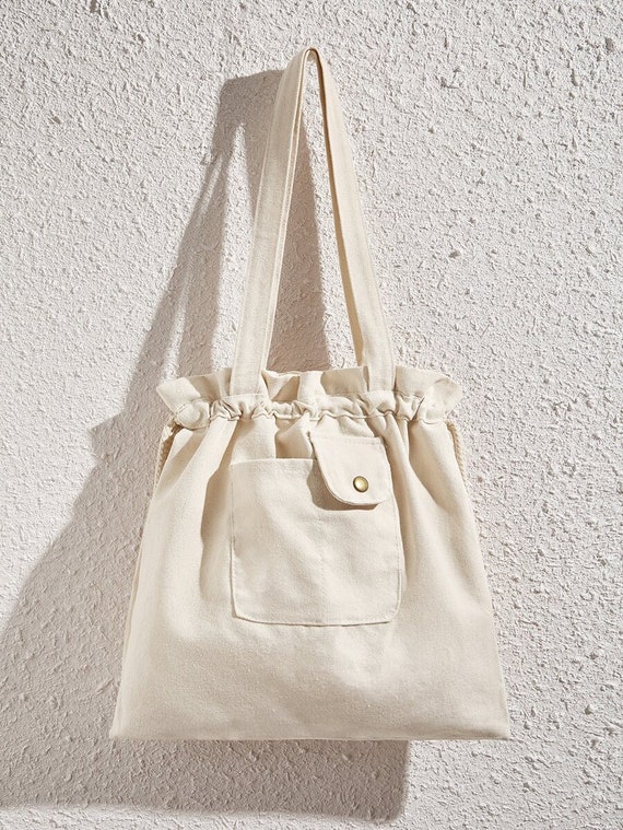 Side Pocket Tote Bag W/ Drawstring Cotton Canvas Shoulder Bag 