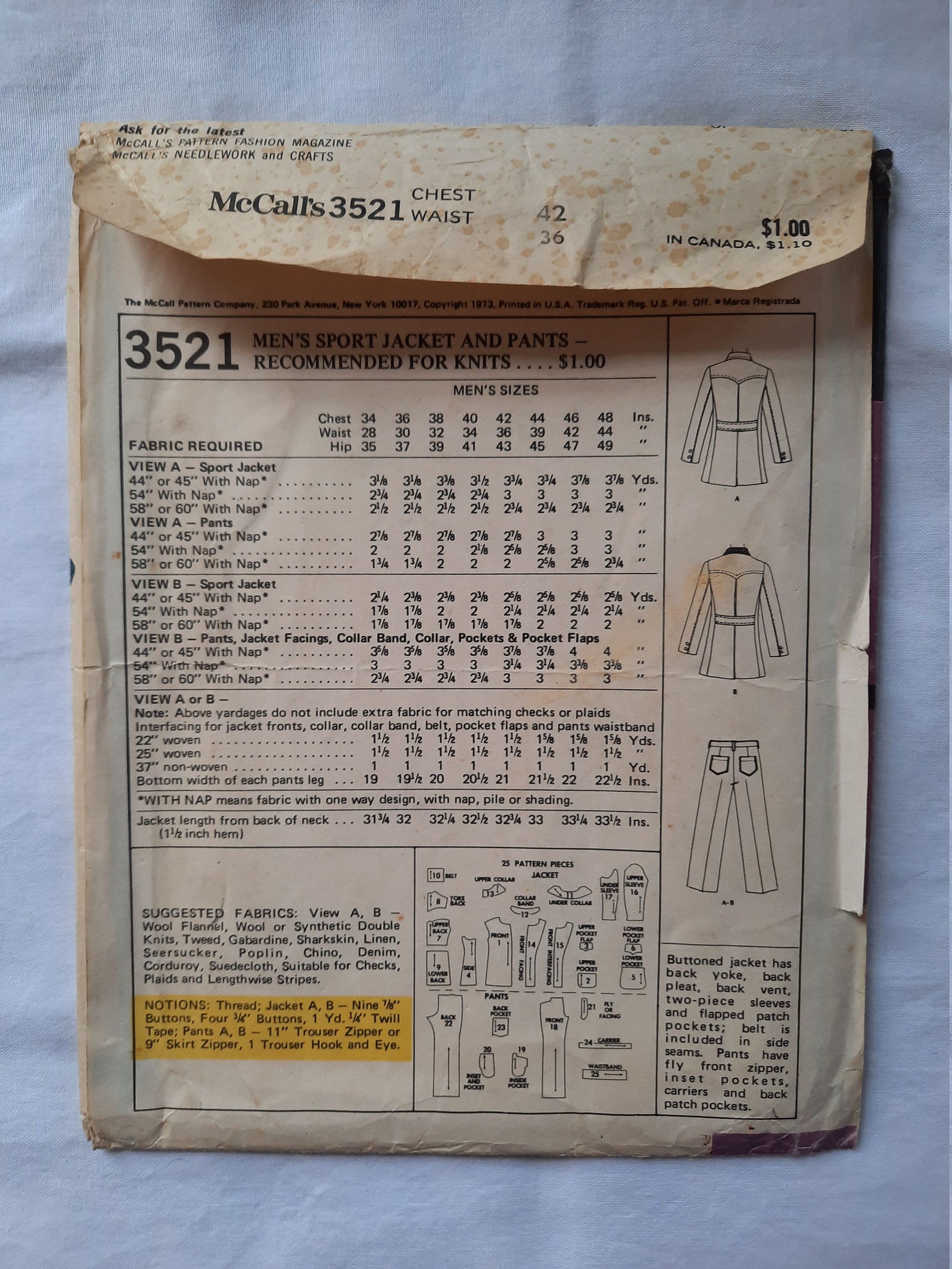 Vintage Mccall's Pattern 3521. Men's Sport Jacket and Pants. Size 42 ...