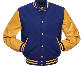 Royal Blue wool/Gold Leather Sleeves Varsity Jacket Letterman Baseball Jackets