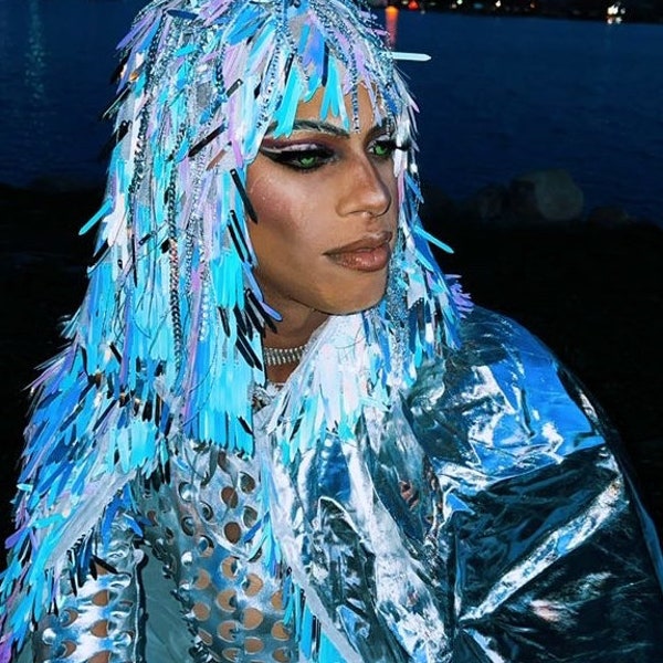 Fabric wig, holographic sewing material, and rhinestones amazing additive for your costume!