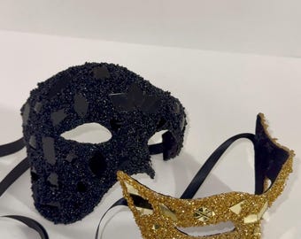 Black & Gold  MaKara Mirror Mask, couple edition set, crushed Rhinestones, with comfort plus. Elastic Band and Holding Stick Optional.