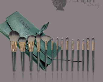 Vegane Grüne Make-up Pinsel, Set mit 14 Pinseln, hochwertige synthetische Borsten.