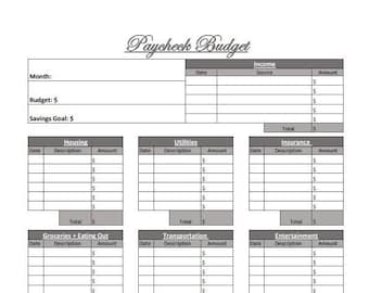 May include: A printable budget tracker worksheet with sections for income, housing, utilities, insurance, groceries, transportation, entertainment, debt, savings, and miscellaneous expenses. Each section has columns for date, description, and amount.