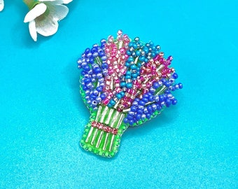 Handmade Beaded Flower Bouquet Pin, Embroidered Lavender Flower Bouquet Brooch, Beaded Lavender Flower Pin, Valentine's Day Gift