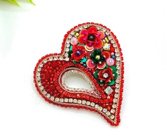 Handmade Red Beaded Heart Brooch, Red Heart Embroidered Brooch, Beaded Heart Pin, Handmade Heart Brooch, Valentine's Day Gift