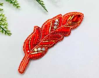Handmade Beaded Phoenix Feather Pin, Beaded Phoenix Feather Brooch, Orange and Red Feather Pin, Embroidered Feather Pin, Mother's Day Gift