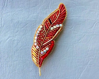 Handmade Beaded Phoenix Feather Pin, Beaded Phoenix Feather Brooch, Red and Gold Feather Pin, Embroidered Feather Pin, Valentine's Day Gift