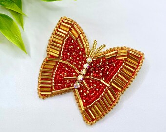 Handmade Beaded Embroidered Butterfly Pin, Beaded Butterfly Brooch, Gold and Red Butterfly Pin, Gift For Her