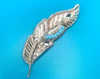 Handmade Beaded Phoenix Feather Pin, Beaded Phoenix Feather Brooch, White and Silver Feather Pin, Embroidered Feather Pin, Mother's Day Gift