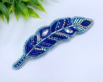 Handmade Beaded Phoenix Feather Pin, Beaded Phoenix Feather Brooch, Blue and Silver Feather Pin, Embroidered Feather Pin, Mother's Day Gift