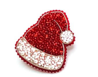 Christmas Santa Hat Brooch, Embroidered Christmas Hat Pin, Christmas Hat Beaded Brooch, Handmade Christmas Pin, Handmade Christmas Jewelry