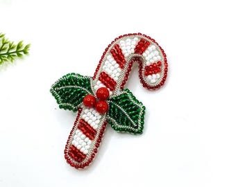 Candy Cane and Mistletoe Beaded Brooch, Handmade Christmas Pin, Embroidered Holiday Brooch, Handmade Christmas Jewelry