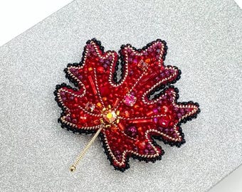 Handmade Maple Leaf Brooch, Beaded Red Maple Leaf Pin, Canadian Maple Leaf Brooch, Canadian Symbol Brooch, Handmade Beaded Brooch