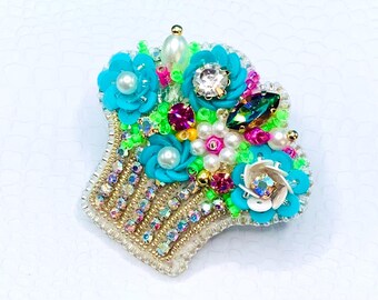 Handmade Flower Basket Brooch, Beaded Flower Basket Pin, Embroidered Flower Basket Brooch, Mother's Day Gift, Valentine's Day Gift