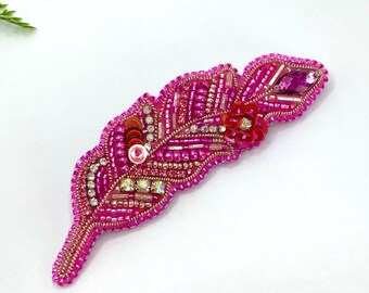 Handmade Beaded Phoenix Feather Pin, Beaded Phoenix Feather Brooch, Pink Feather Pin, Embroidered Feather Pin, Mother's Day Gift