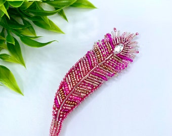 Handmade Beaded Embroidered Phoenix Feather Pin, Beaded Brooch, Phoenix Feather Brooch, Pink Feather Pin, Mother's Day Gift, Gift for Her