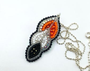 Handmade Beaded Truth and Reconciliation Feather Pendant on a Chain, Orange, White, and Black Beaded Feather Pendant